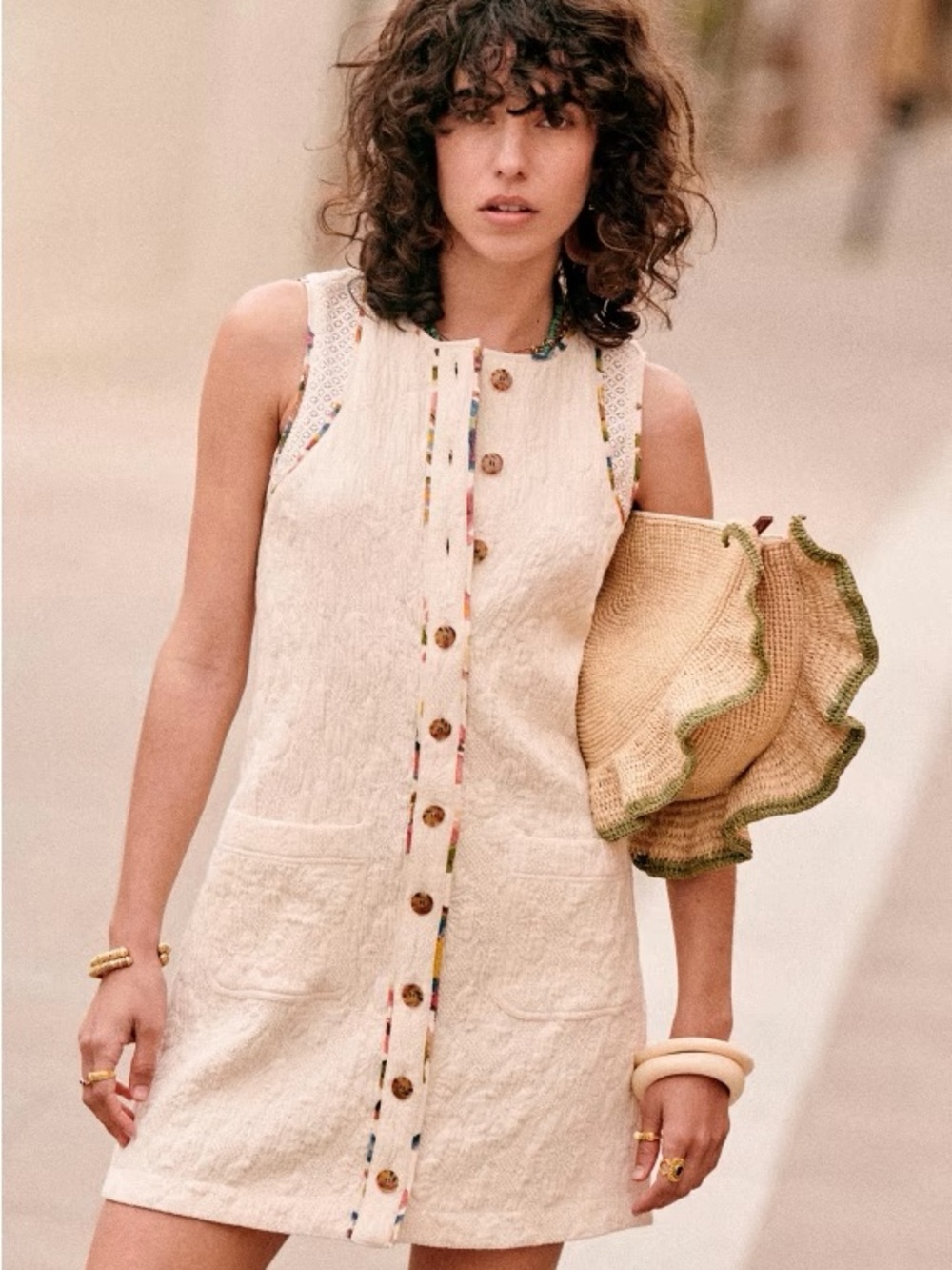 Sezane Villa Dress Ecru Sleeveless Button-Front Mini Dress with Multicolor Trim